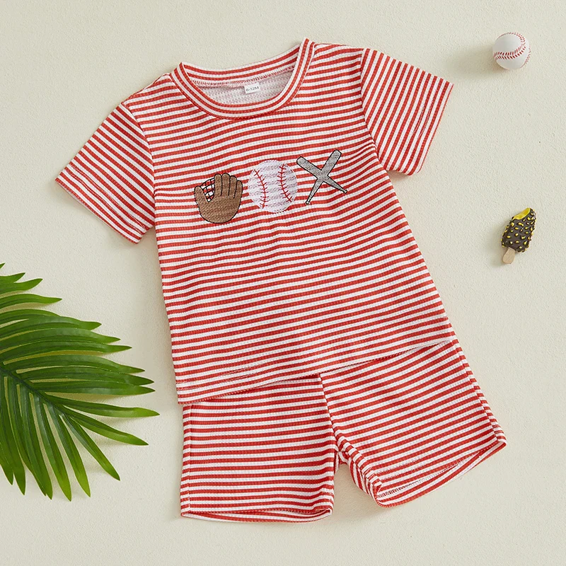 2-Piece Boys' Striped Baseball Embroidery Shorts Set - Image 4