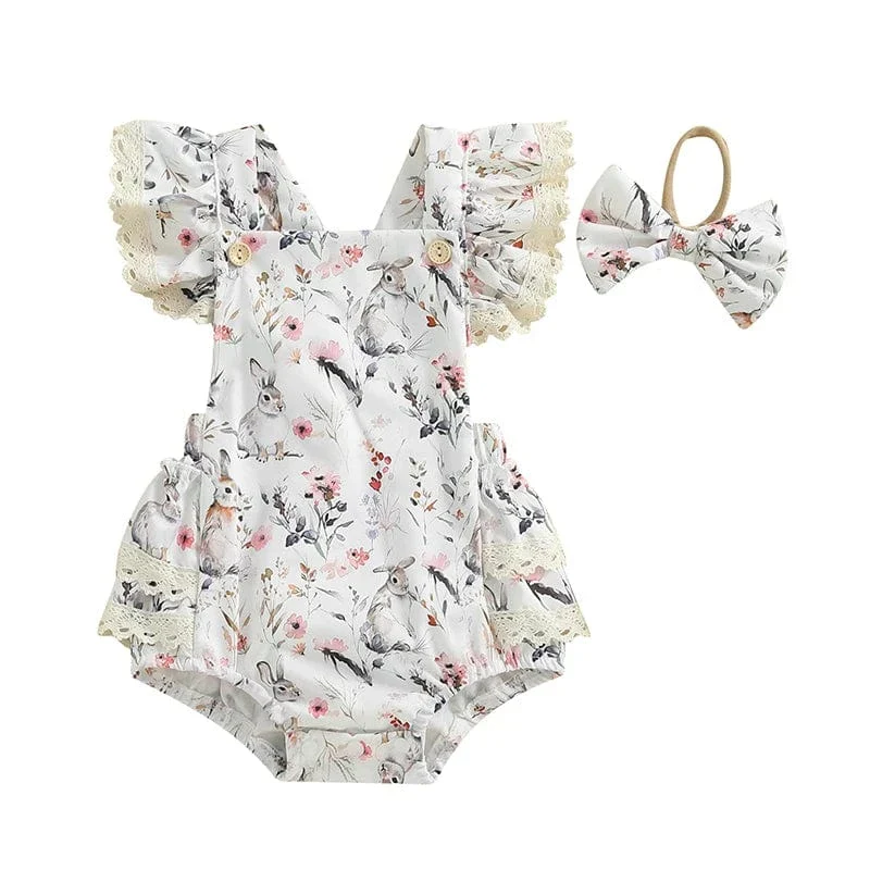 2-Piece Girls' Easter Flower Bunny Print Romper Set - Image 10