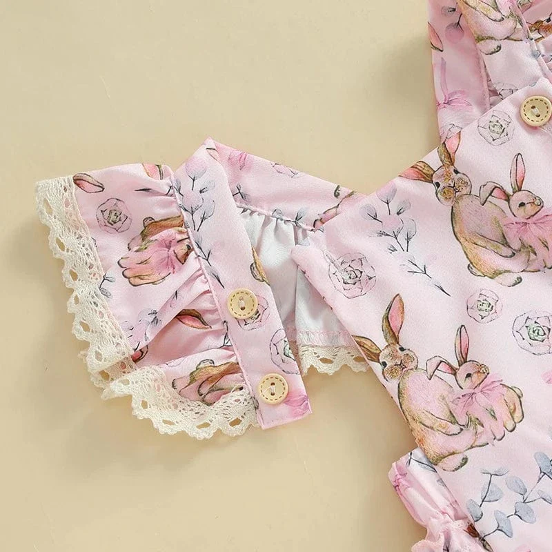 2-Piece Girls' Easter Flower Bunny Print Romper Set - Image 6