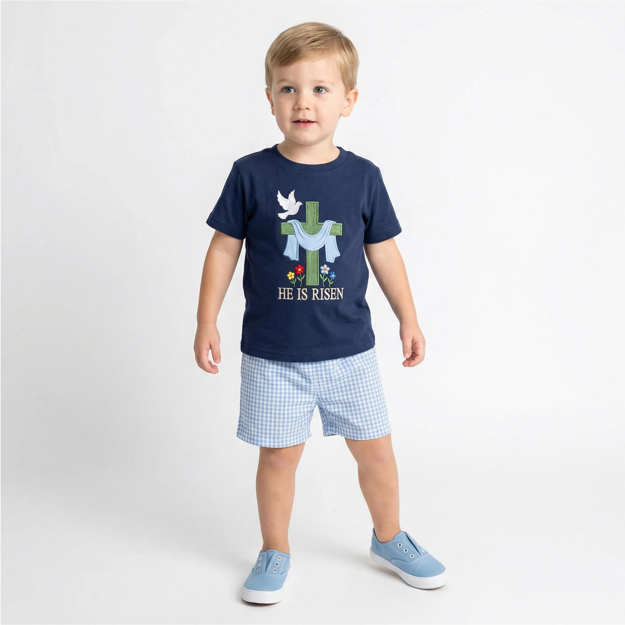 2-Piece Toddler Boy's Easter Embroidery & Plaid Shorts - Image 3