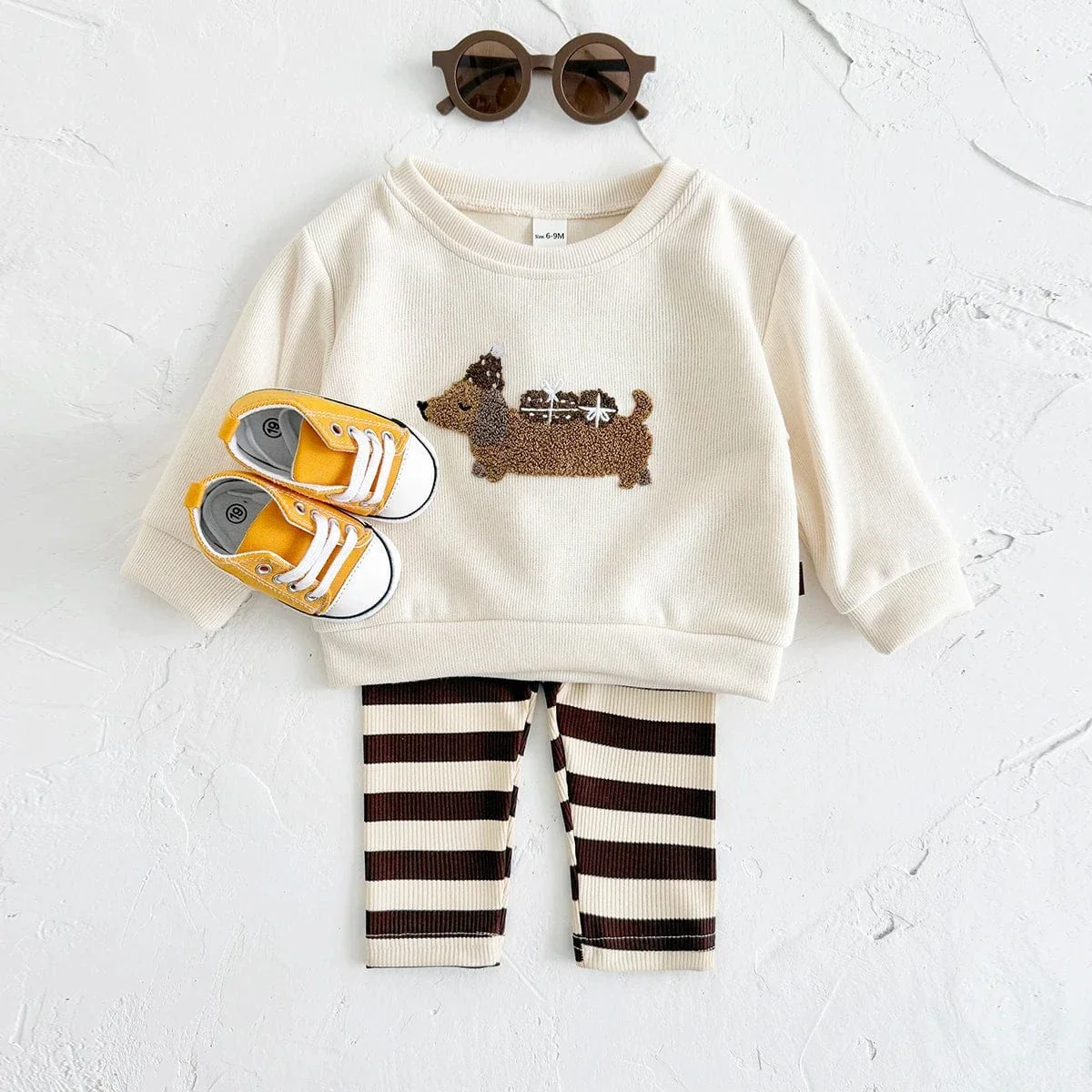 2Pcs Long Sleeve Puppy Top and Striped Pants - Image 2