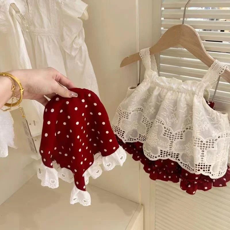 3-Piece Lace Tank Top, Polka Dot Skirt & Hood Set - Image 2