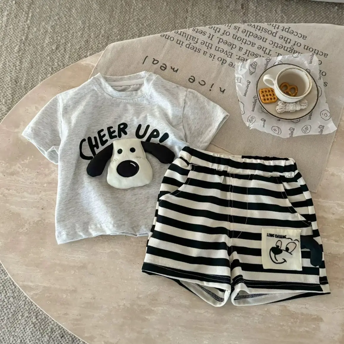3D Puppy T-Shirt & Striped Shorts Set - Image 2