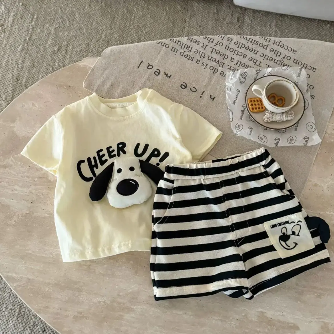 3D Puppy T-Shirt & Striped Shorts Set - Image 4