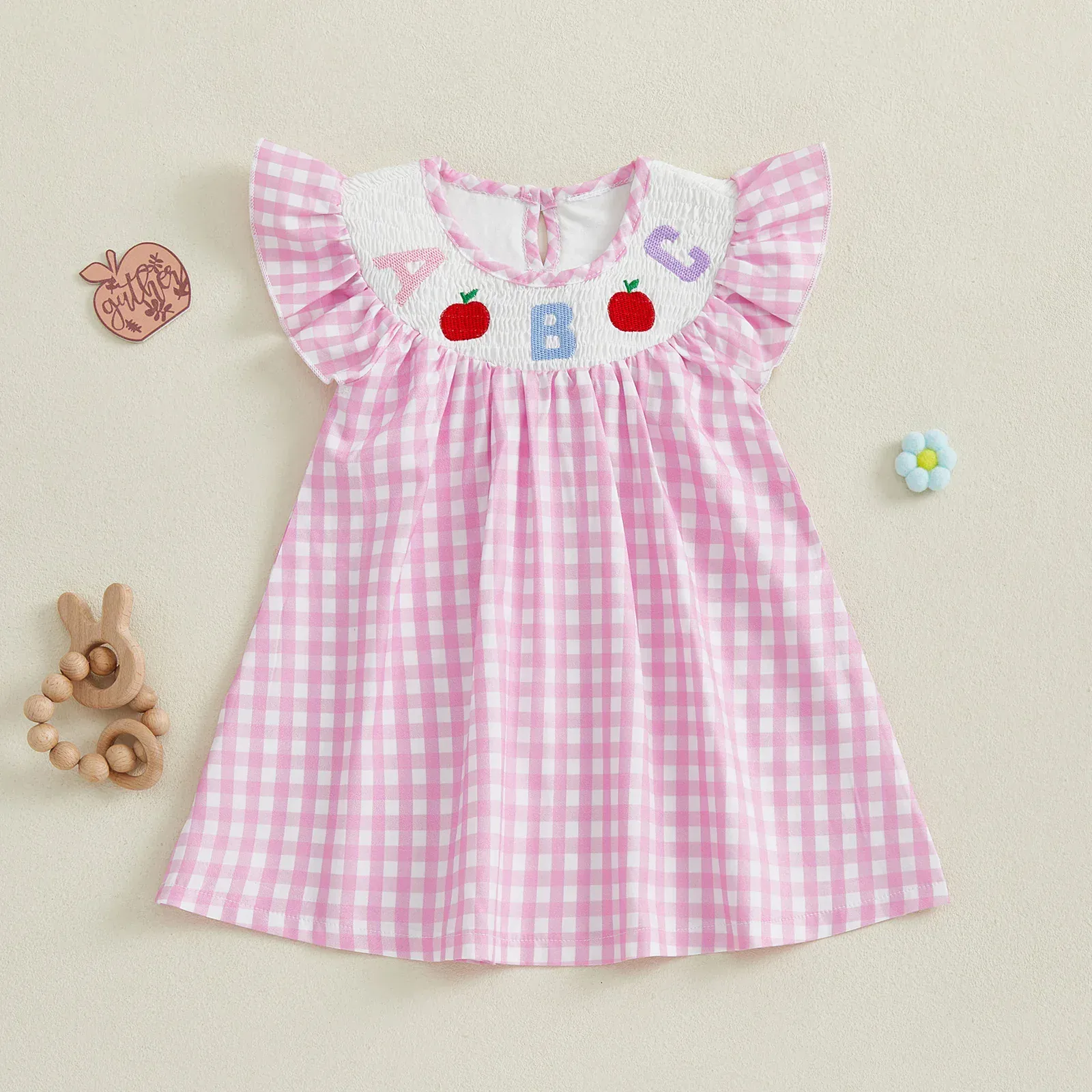 ABC Apple Embroidery Plaid Dress - Image 2