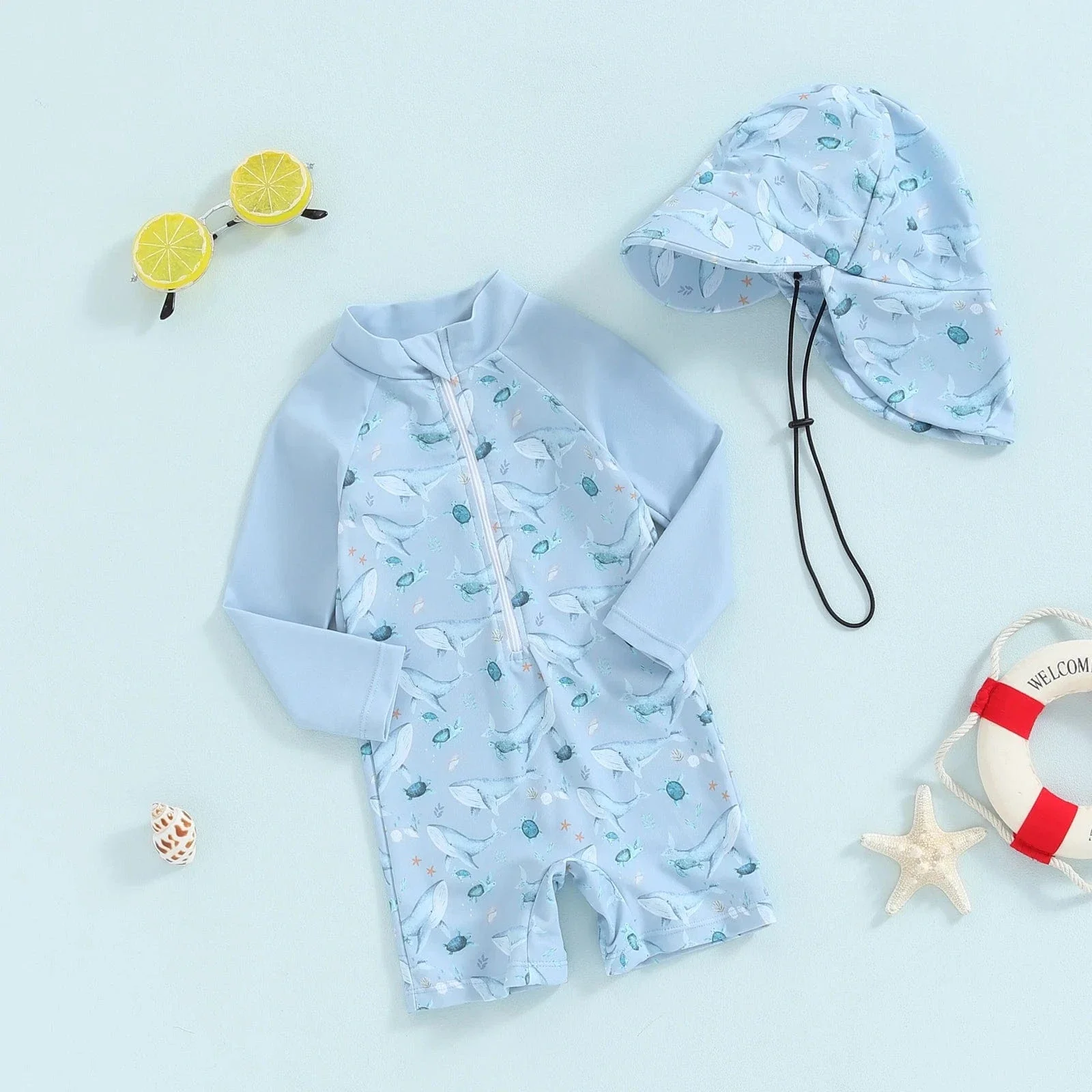 Baby Boy Rash Guard Swimsuit Set with Hat - Image 4