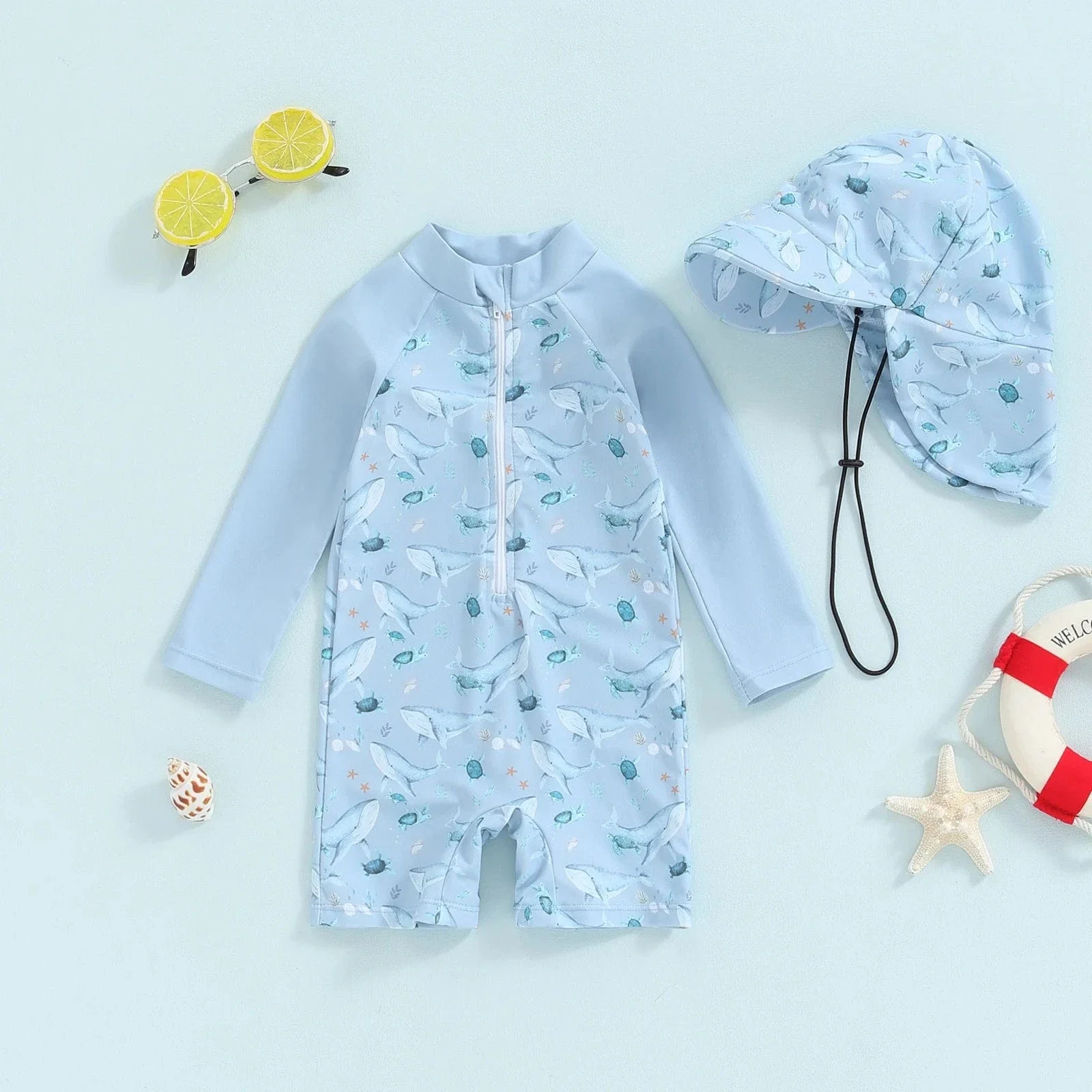 Baby Boy Rash Guard Swimsuit Set with Hat - Image 6