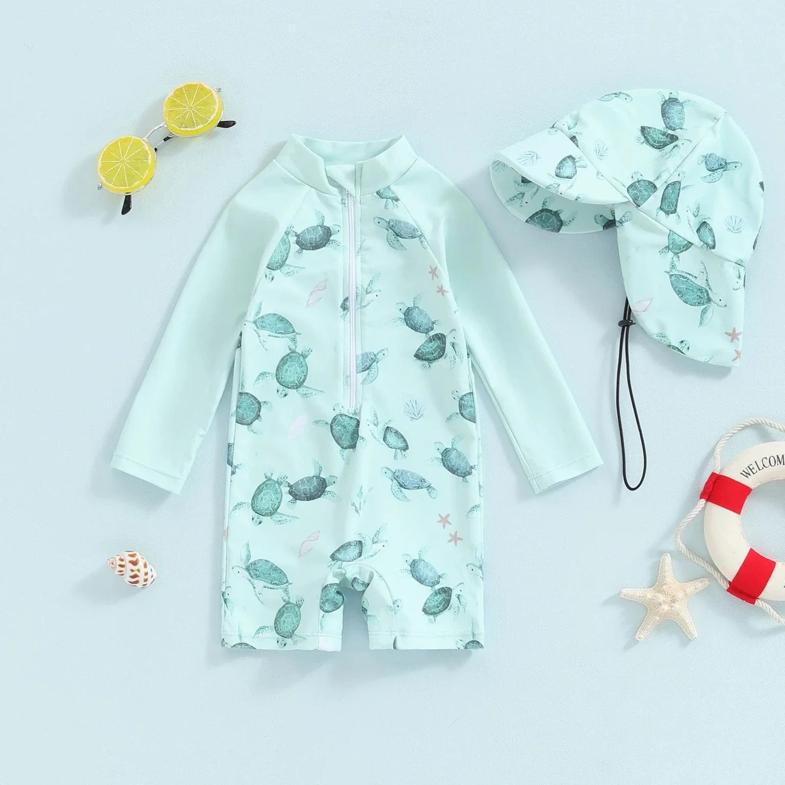Baby Boy Rash Guard Swimsuit Set with Hat - Image 7
