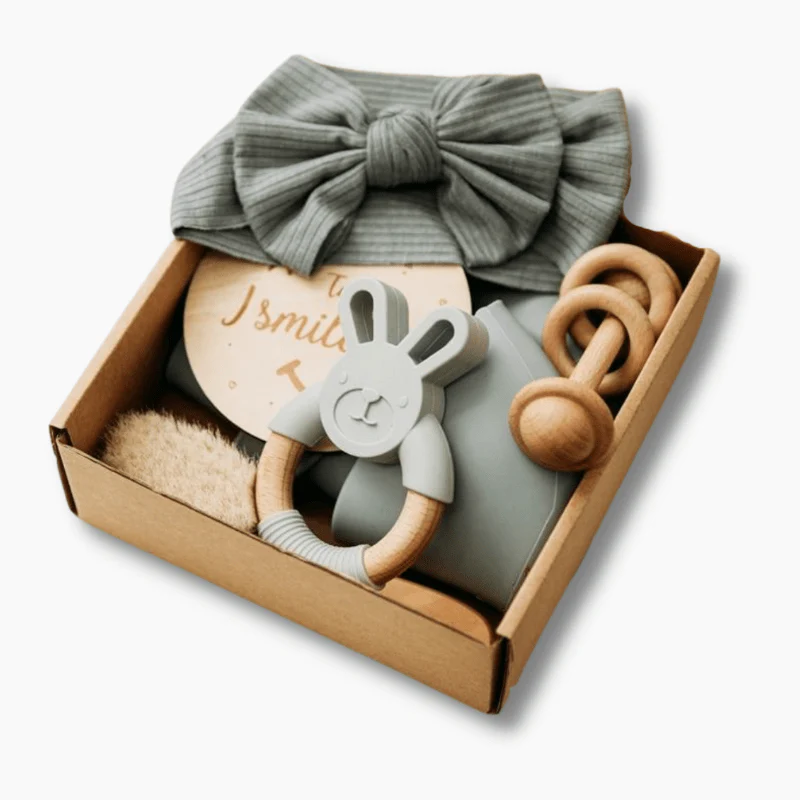 Momorii Newborn Baby Shower Gift Set | Includes Silicone Bib, Headband, Wooden Brush, Toy, Rattle
