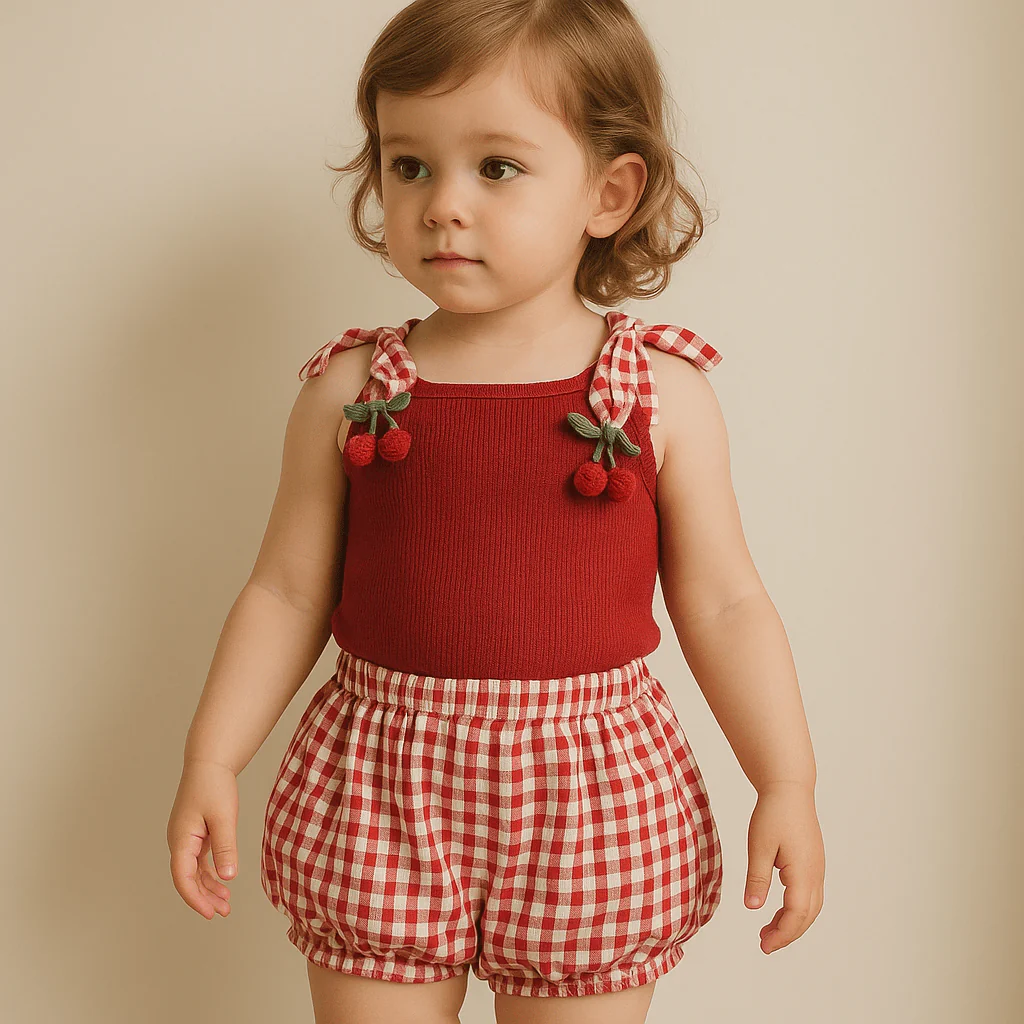 Baby Girl Cherry Plaid Summer Outfit - Image 8
