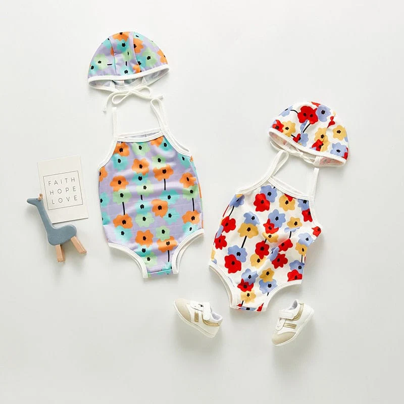 Baby Swimwear With Floral Print And Hat