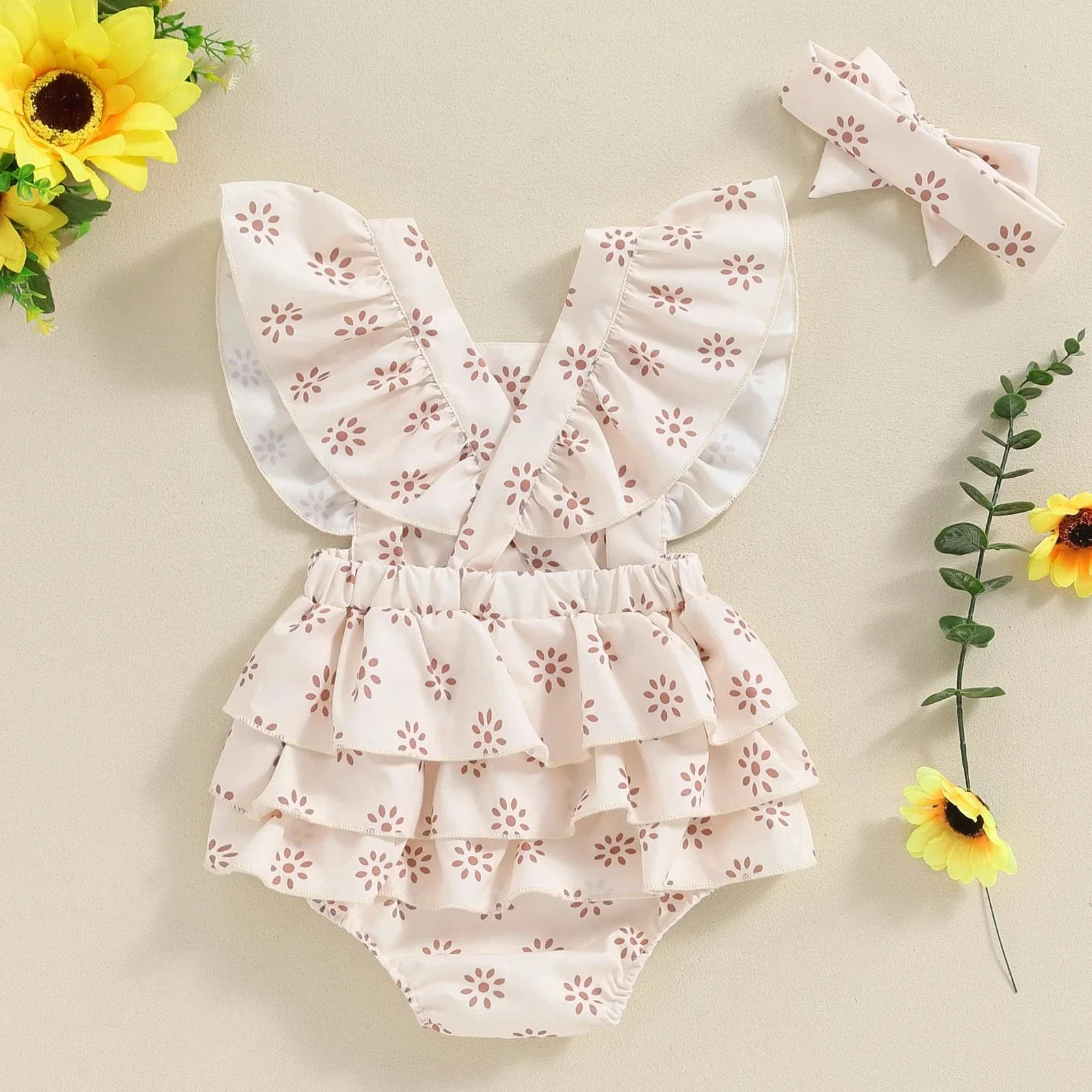 Backless Daisy Print Baby Romper - Image 2
