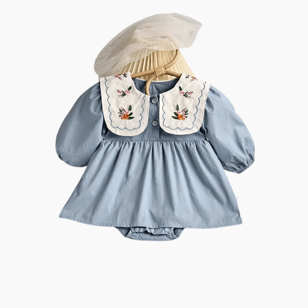 Blue Embroidered Collar Bodysuit Dress