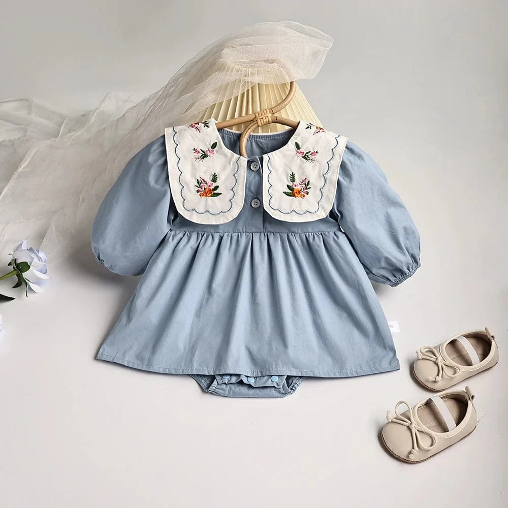 Blue Embroidered Collar Bodysuit Dress - Image 2