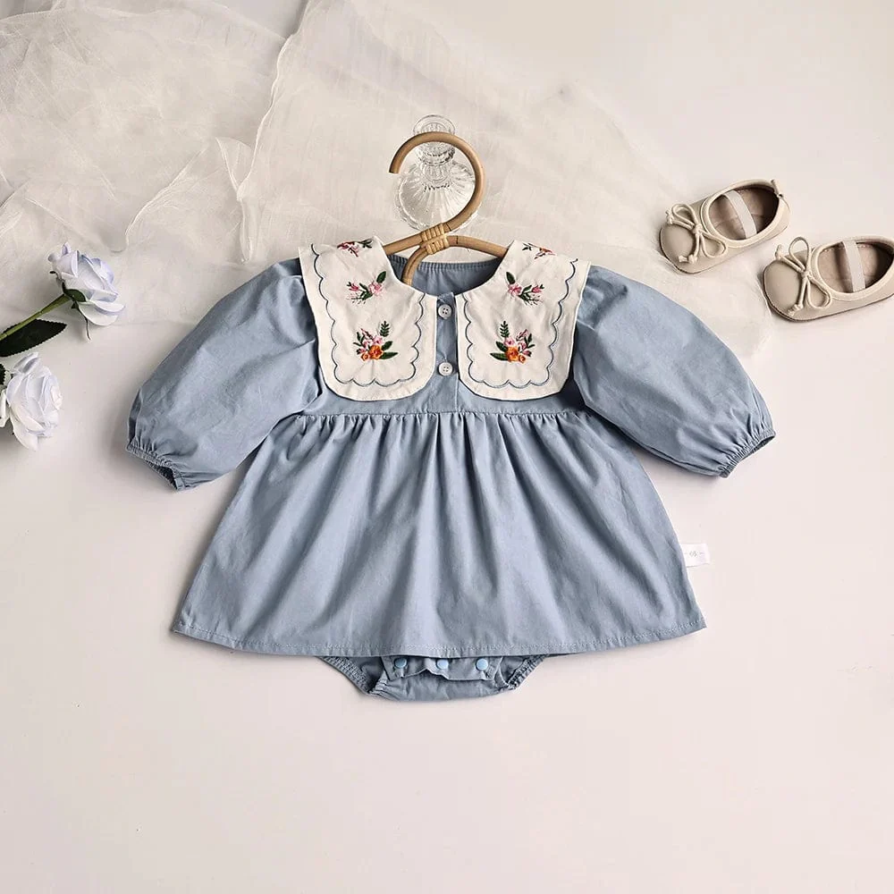 Blue Embroidered Collar Bodysuit Dress - Image 3