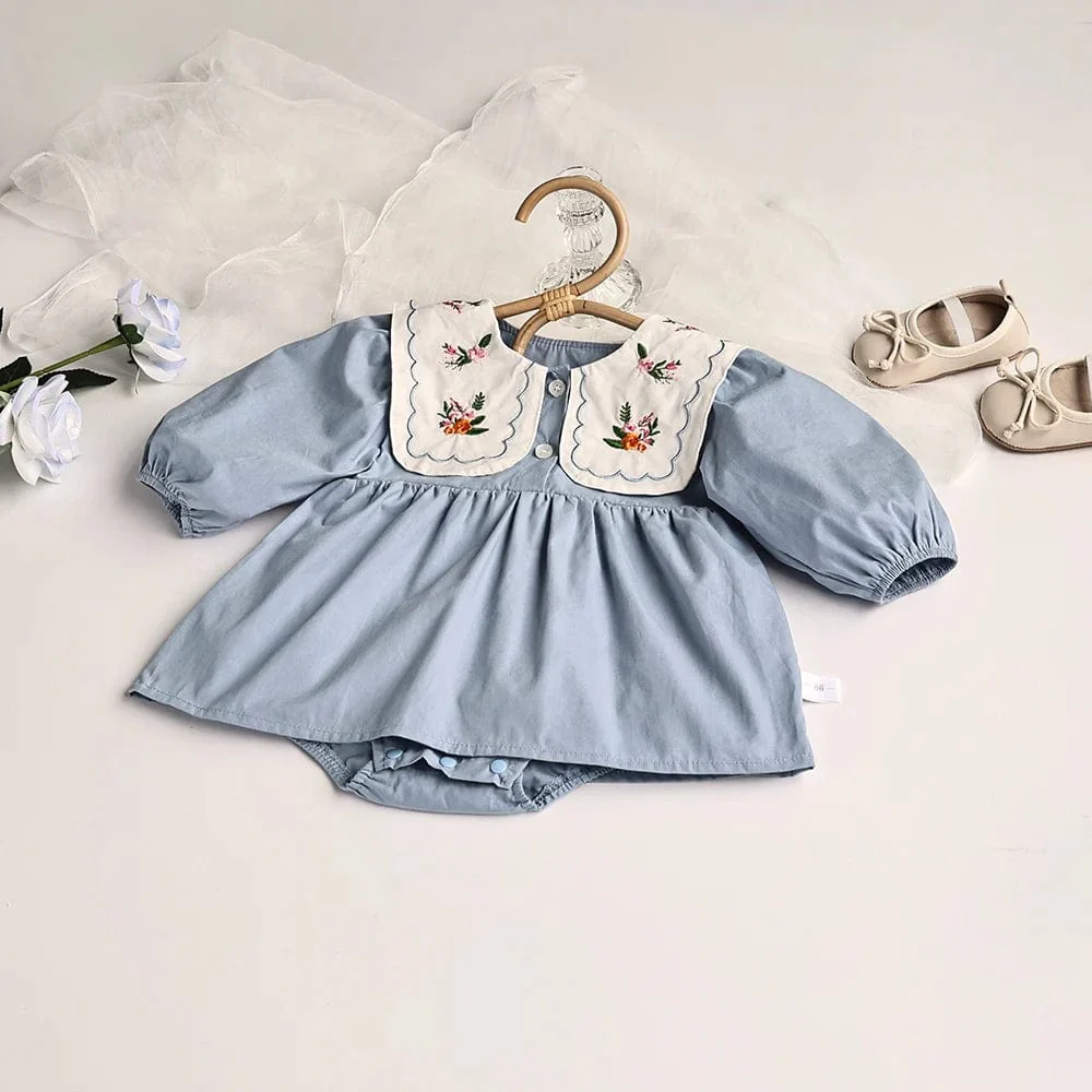 Blue Embroidered Collar Bodysuit Dress - Image 4