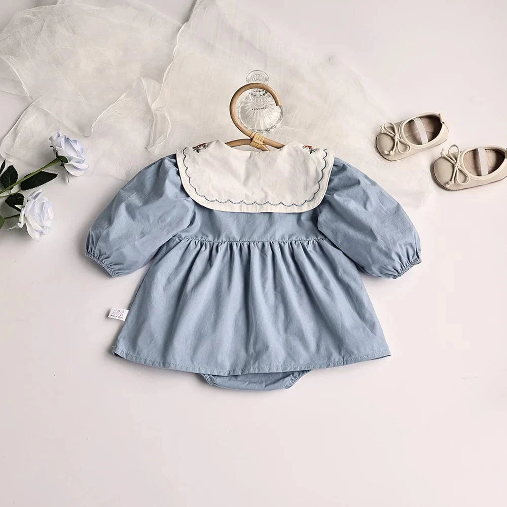 Blue Embroidered Collar Bodysuit Dress - Image 5