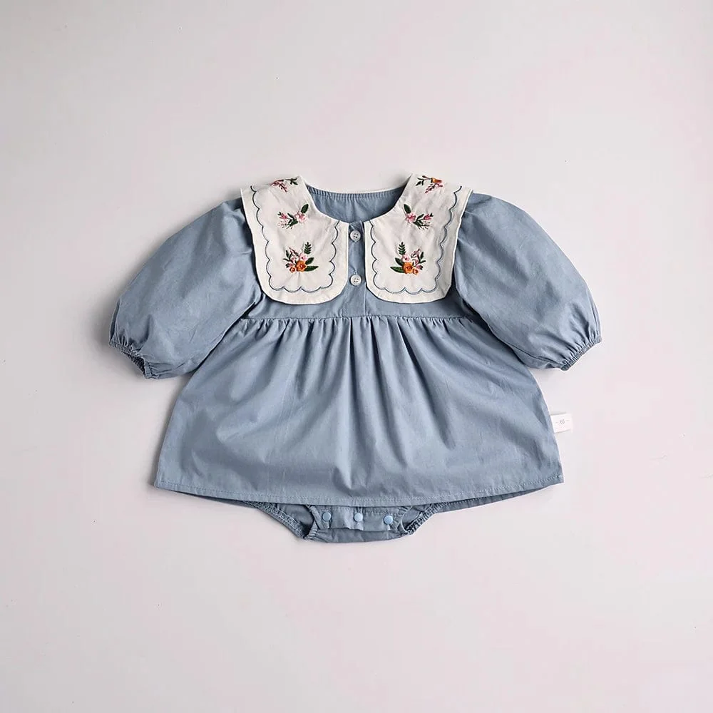 Blue Embroidered Collar Bodysuit Dress - Image 8