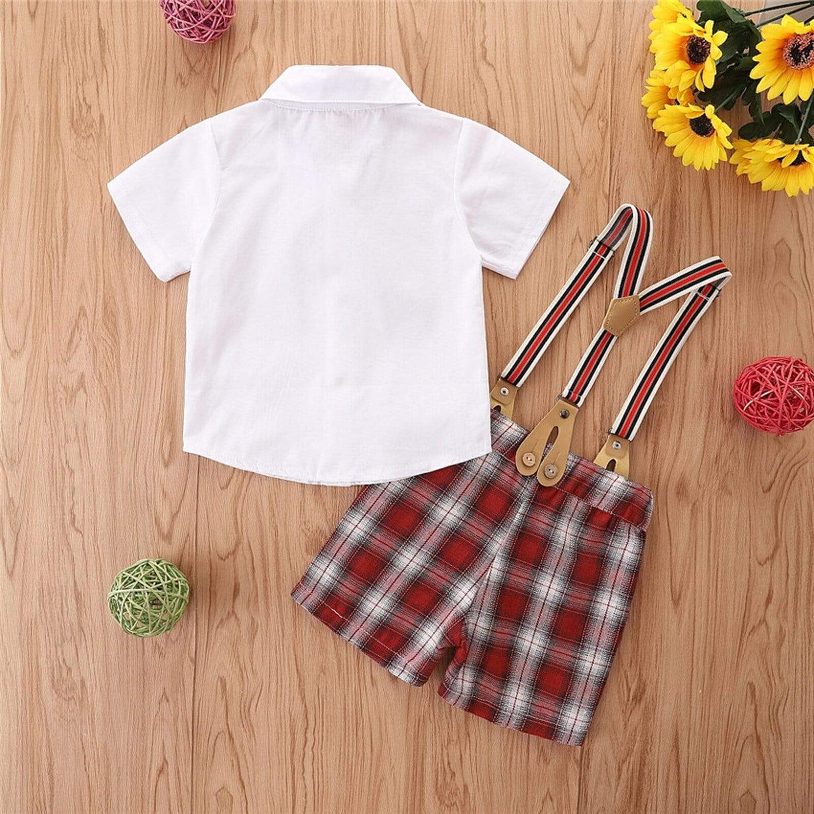 Bowknot Shirt Top and Plaid Suspender Sets - Image 3