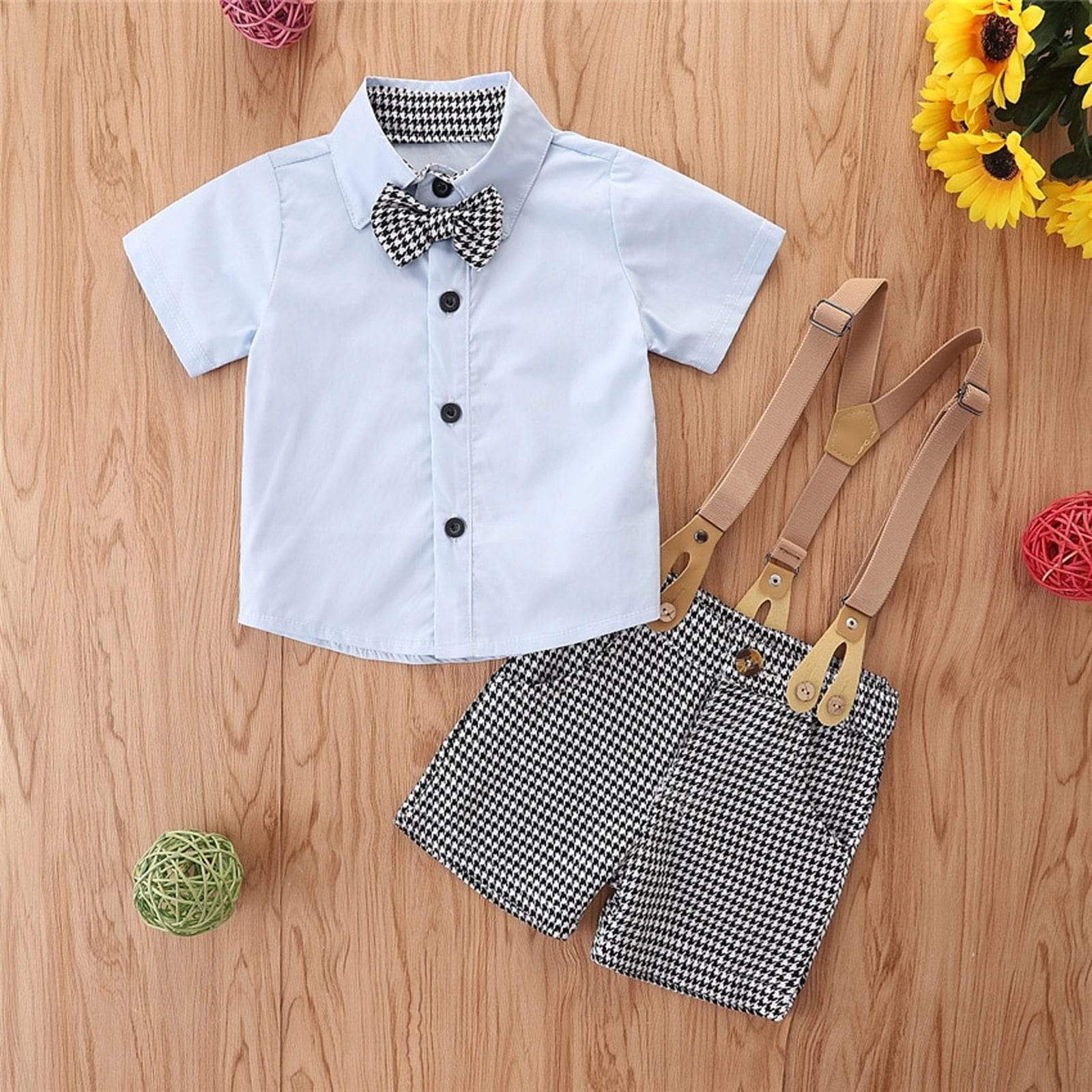 Bowknot Shirt Top and Plaid Suspender Sets - Image 5