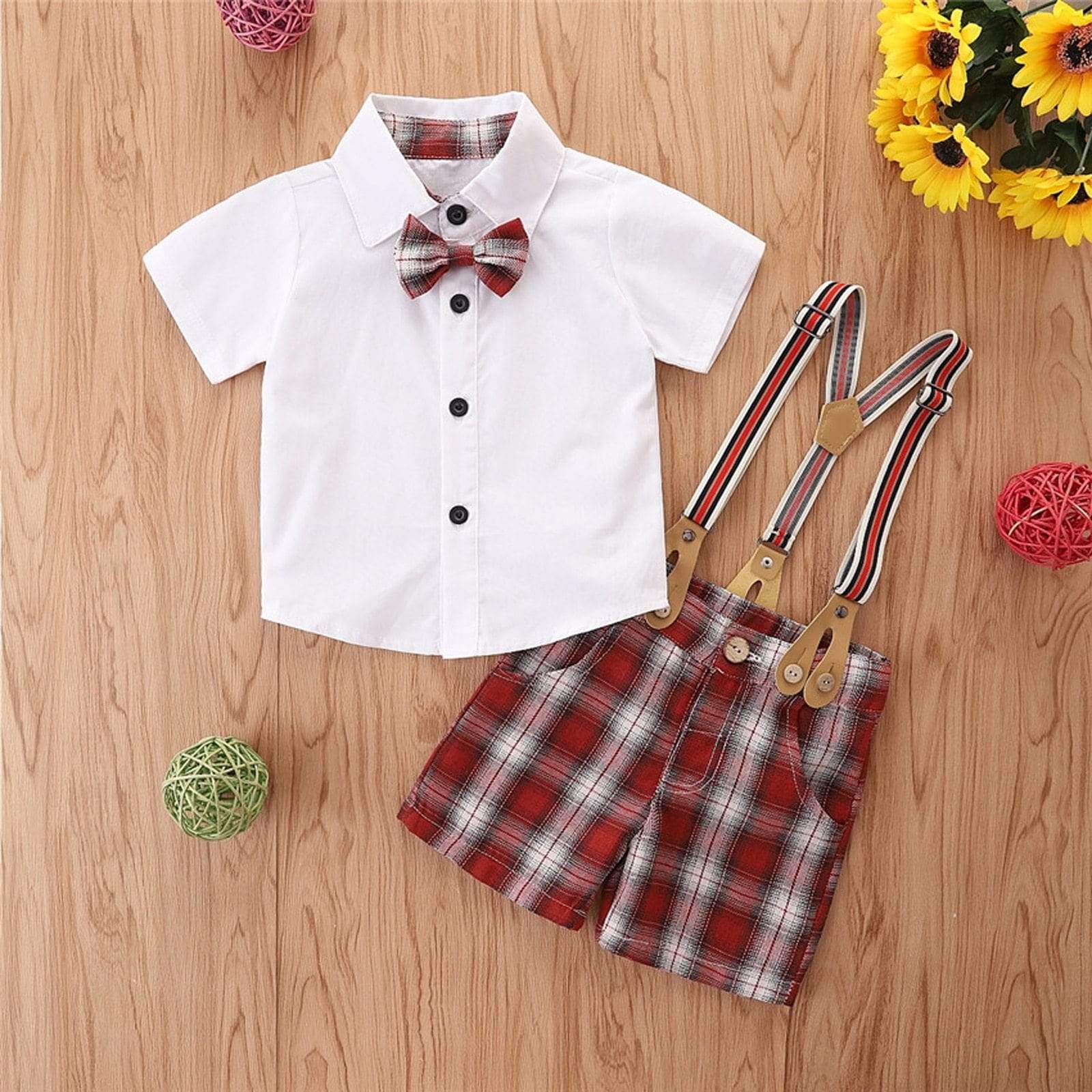 Bowknot Shirt Top and Plaid Suspender Sets - Image 7