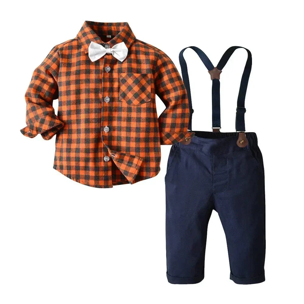 Boy Plaid Shirt and Suspenders Outfit Set - Image 3
