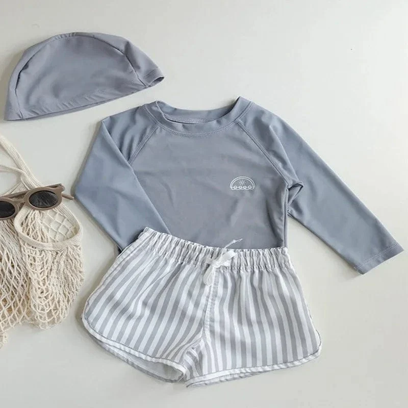 Boys Long Sleeve Rash Guard Swimsuit Set with Hat - Image 3