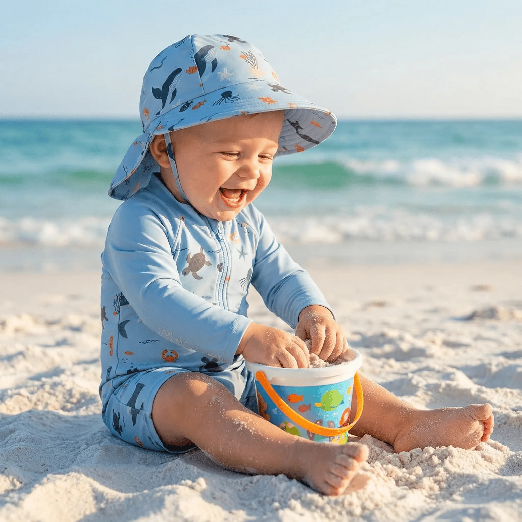 Boys' Long Sleeve Rash Guard Swimsuit & Sun Hat Set - Image 4