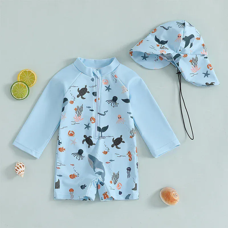 Boys' Long Sleeve Rash Guard Swimsuit & Sun Hat Set - Image 6