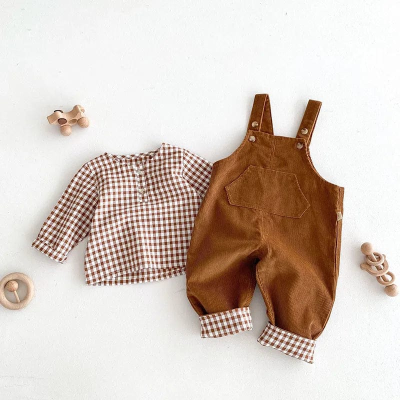 Brown Corduroy Overalls with Checkered Shirt - Image 5
