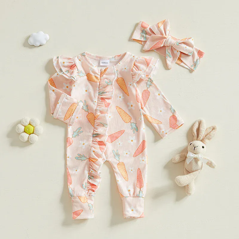 Carrot Print Ruffle Romper & Headband Set - Image 2