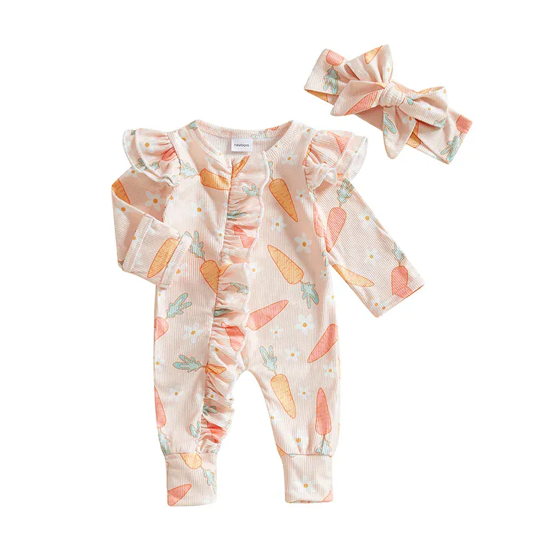 Carrot Print Ruffle Romper & Headband Set - Image 3