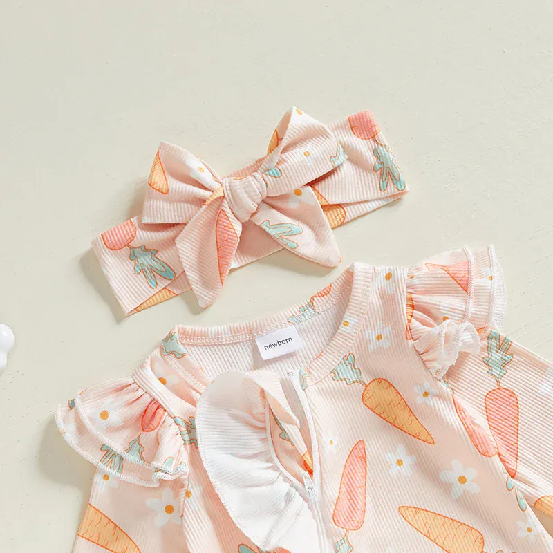 Carrot Print Ruffle Romper & Headband Set - Image 5