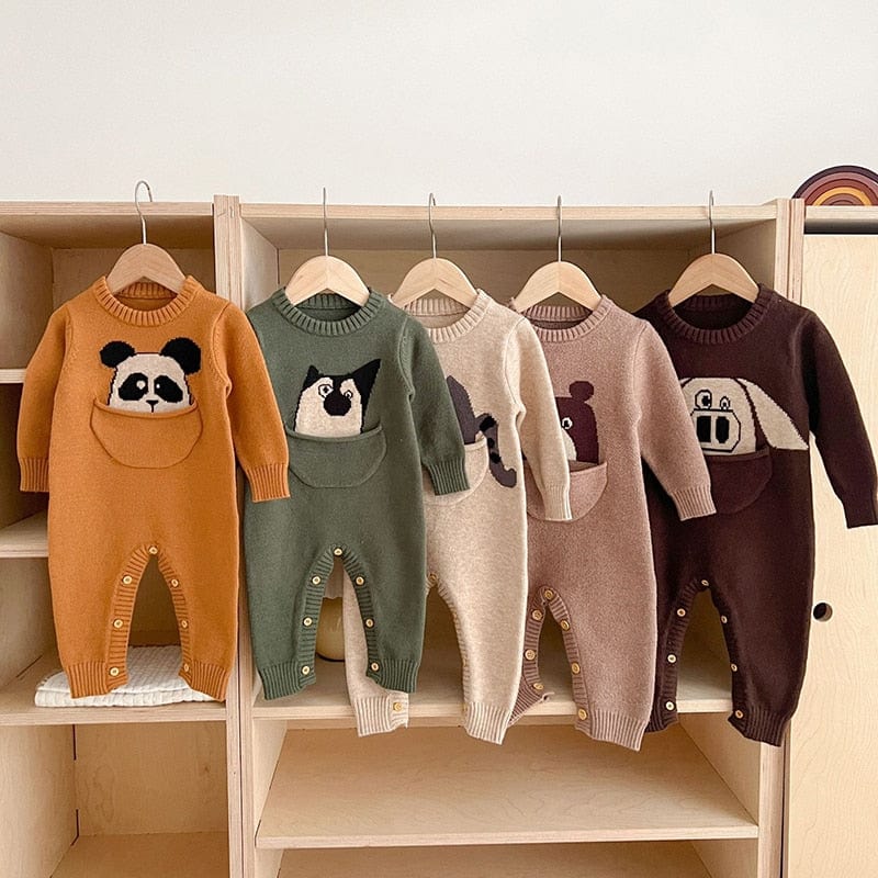 Cartoon Print Long Sleeve Baby Knitted Jumpsuit
