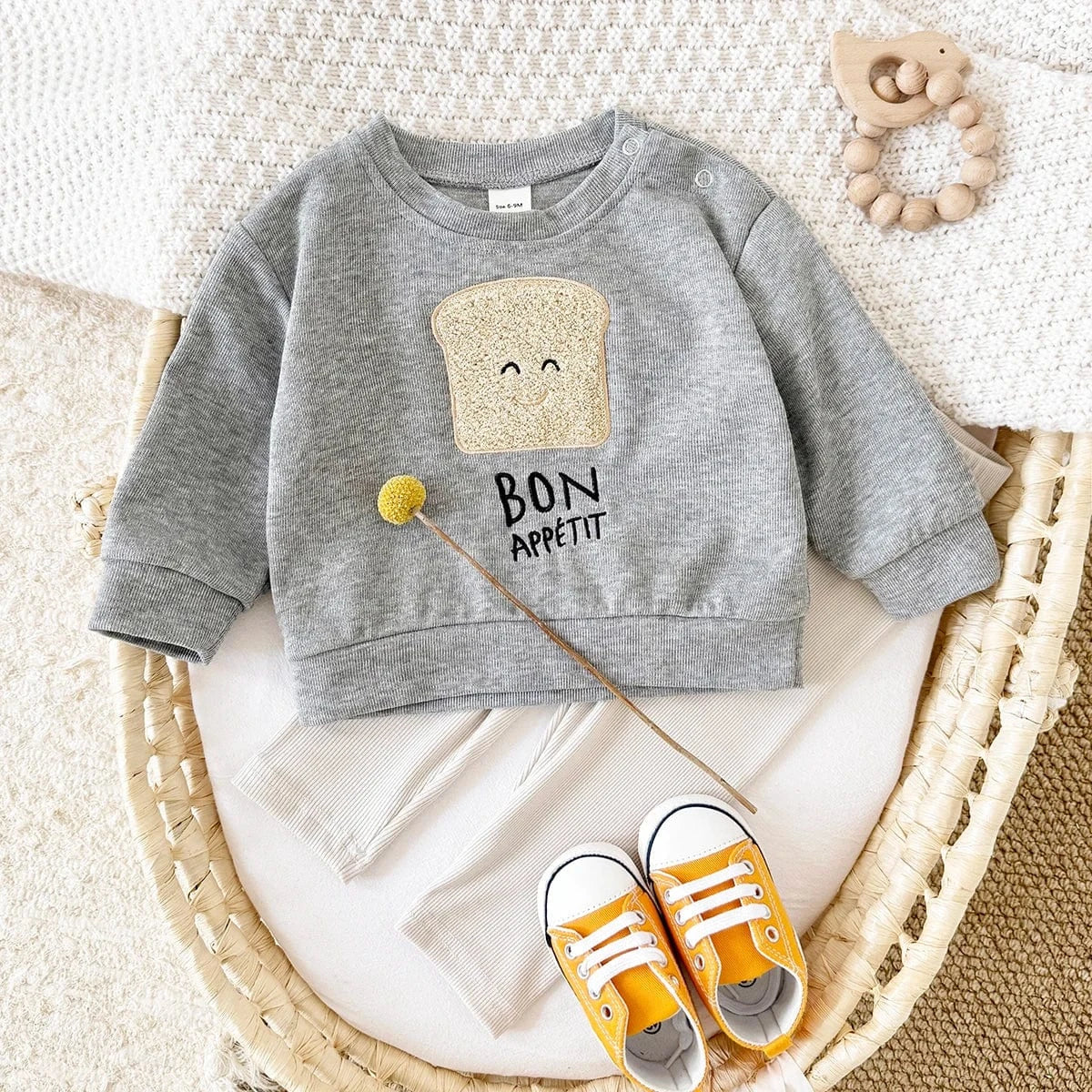 Cute Bread Print Sweatshirt and Pants Set - Image 3