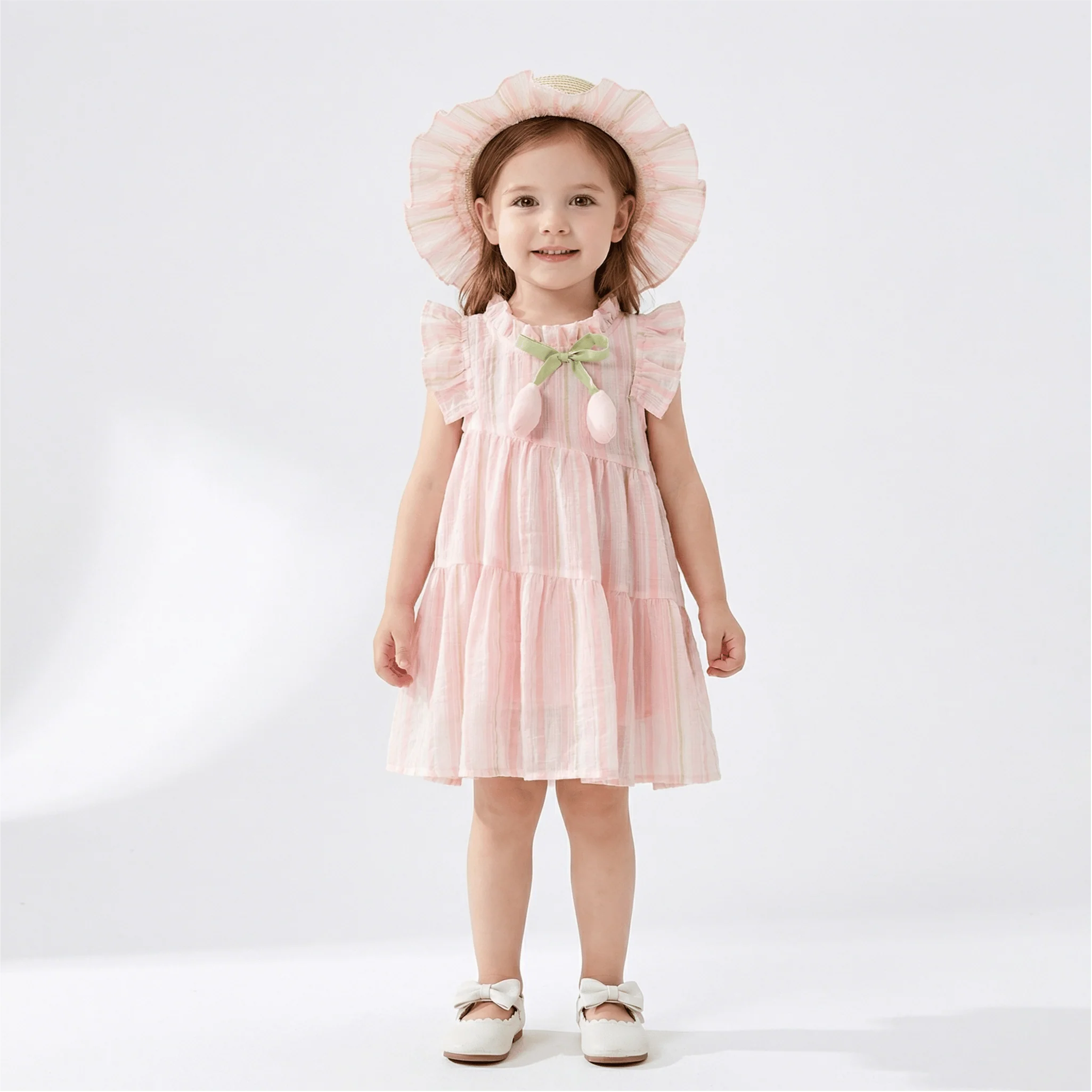 Cute Tulip Fly Sleeve Girl Beach Dress & Hat - Image 3