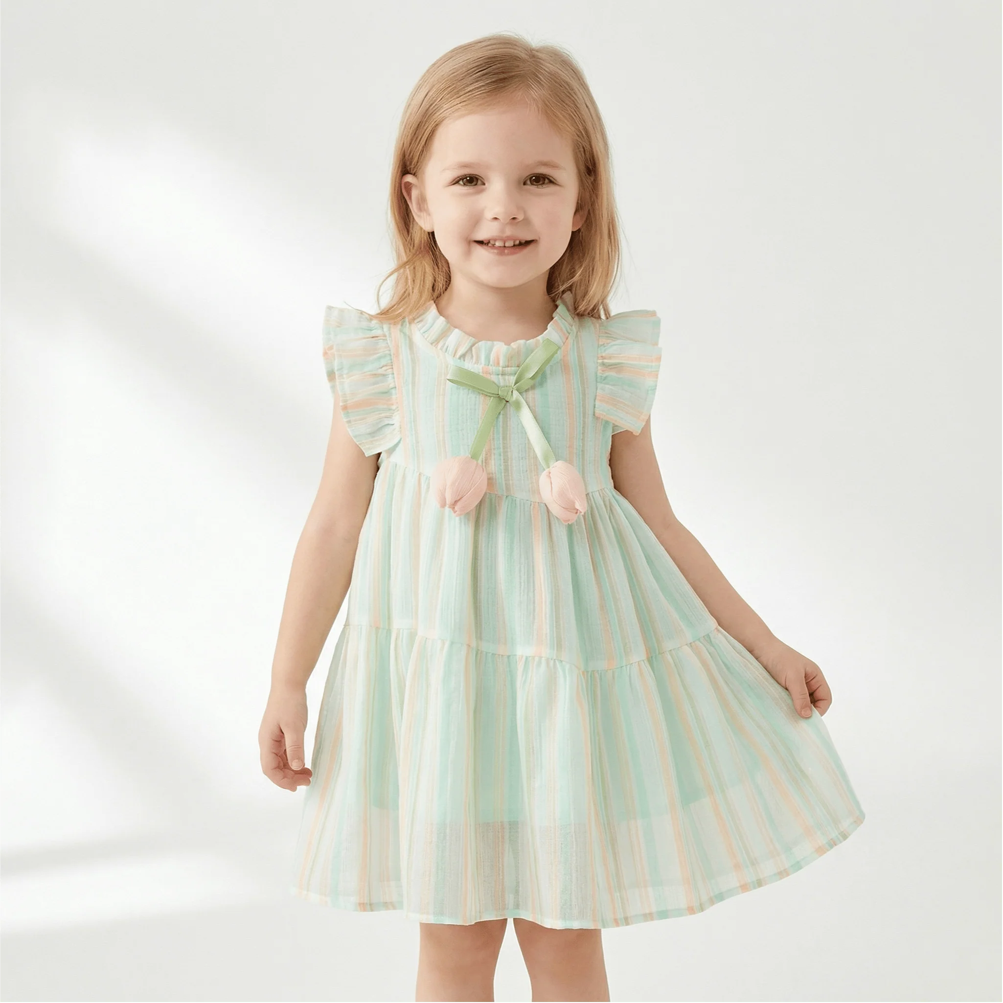 Cute Tulip Fly Sleeve Girl Beach Dress & Hat - Image 4