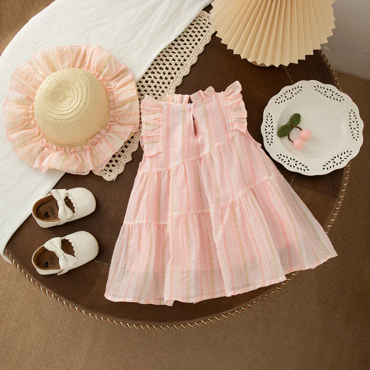 Cute Tulip Fly Sleeve Girl Beach Dress & Hat - Image 5