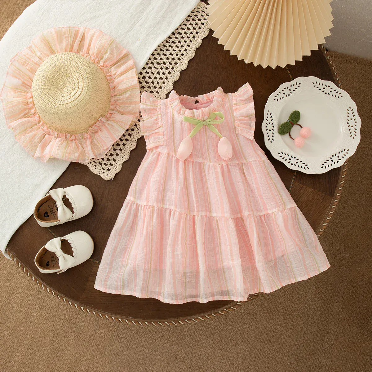 Cute Tulip Fly Sleeve Girl Beach Dress & Hat - Image 9