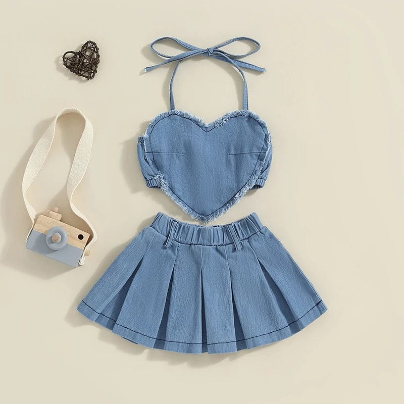 Denim Heart Top and Plated Skirt Set - Image 2