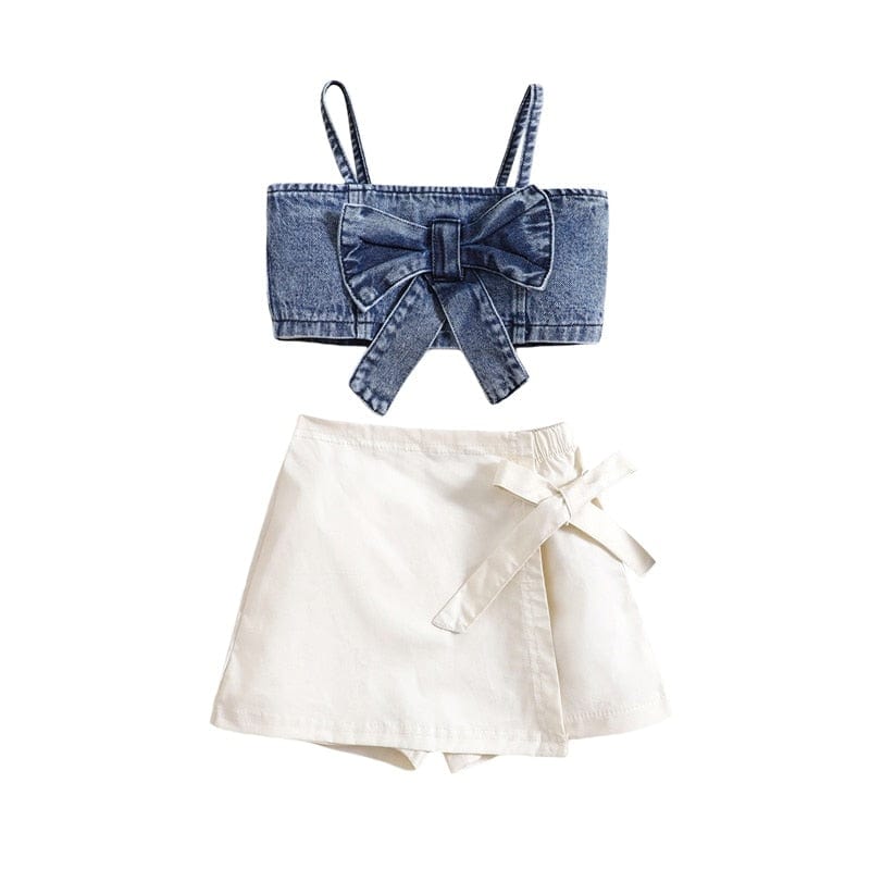 Denim Top and White Skirt with Shorts Underneath - Image 2