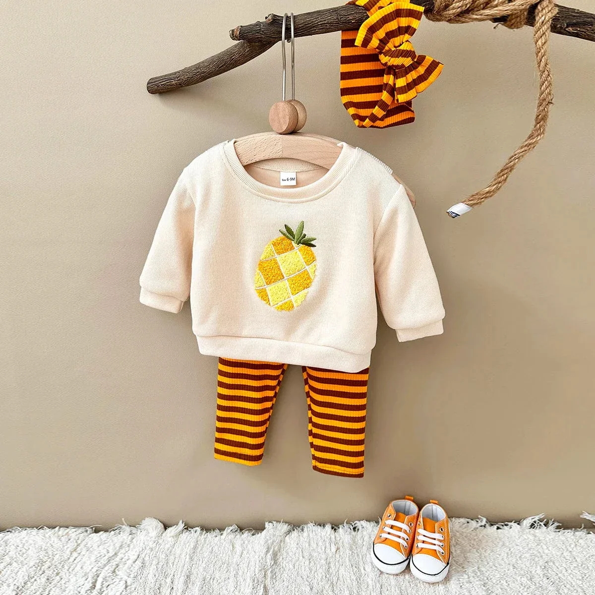 Embroidery Fruit Sweatshirt and Striped Pants Set - Image 4