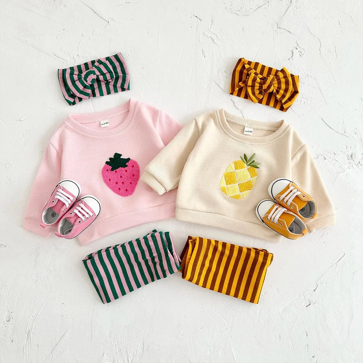 Embroidery Fruit Sweatshirt and Striped Pants Set - Image 7