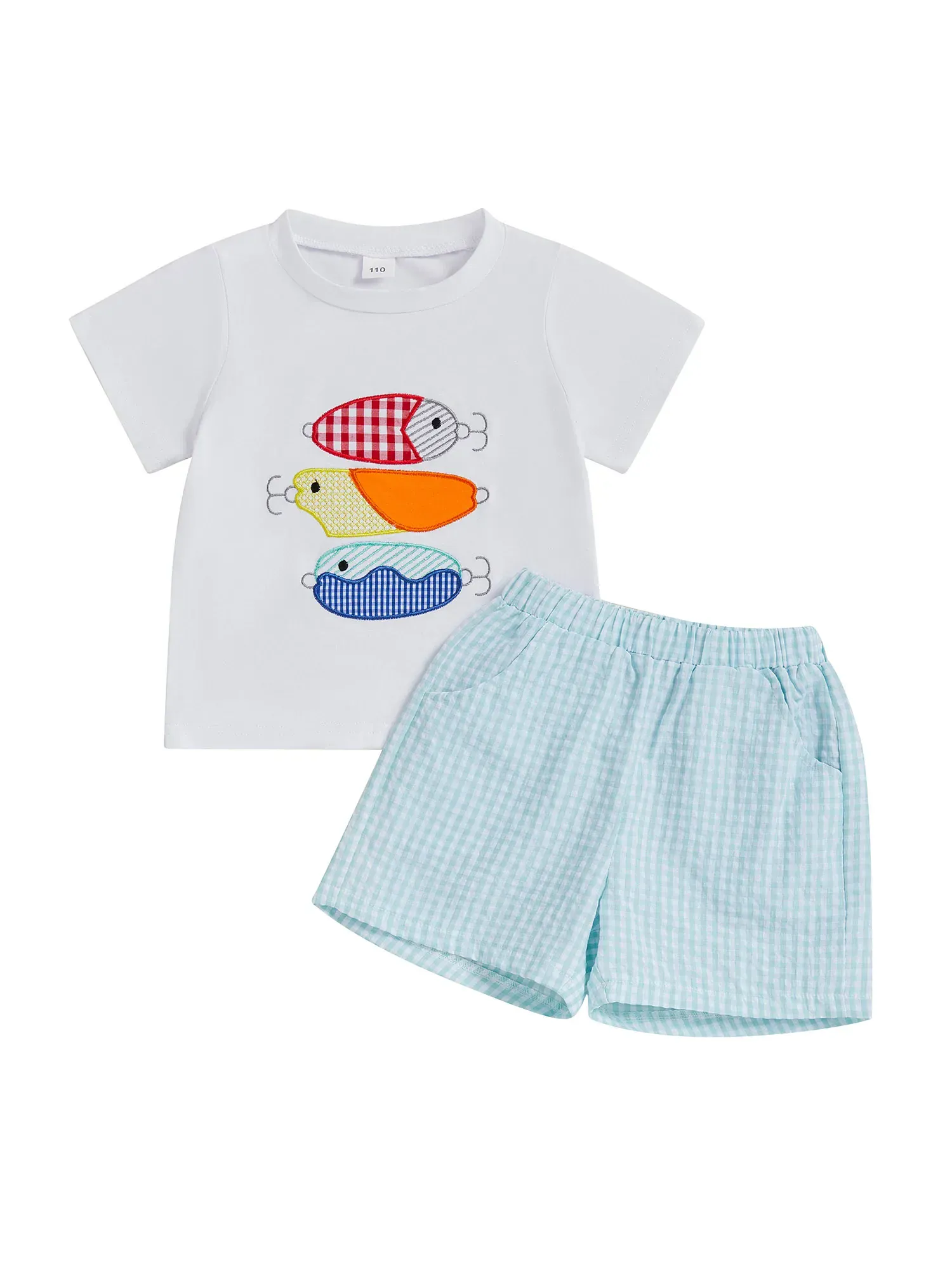 Fish Print T-Shirt and Gingham Shorts Set - Image 2