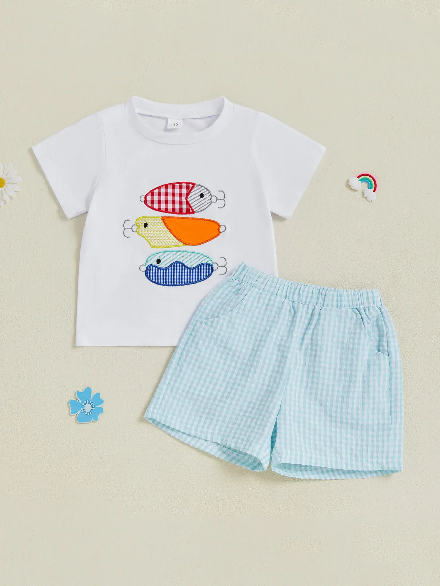 Fish Print T-Shirt and Gingham Shorts Set - Image 3