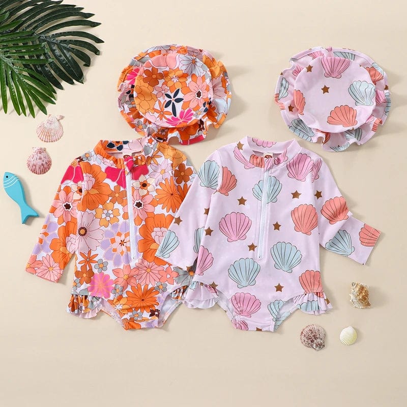 Floral Shell Print Girls Swimsuit - Image 2