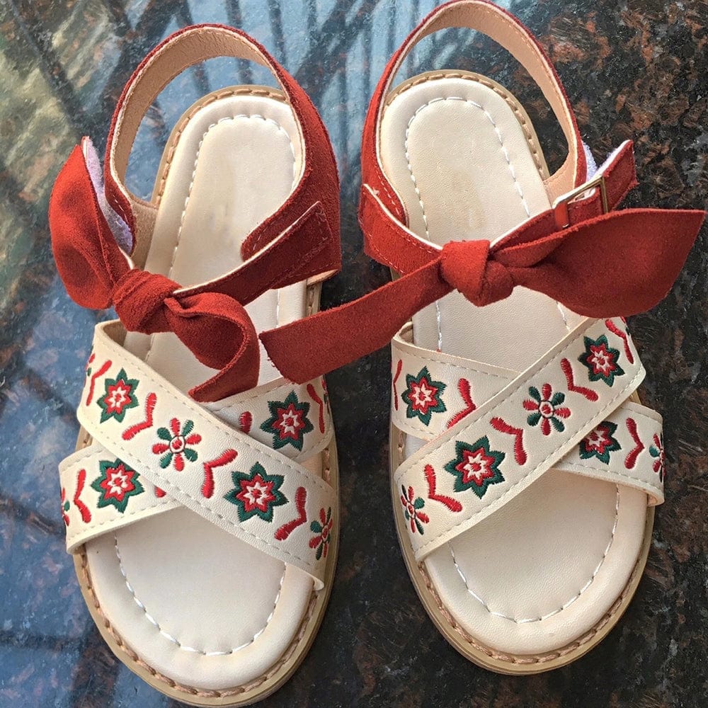 Girls Floral Embroidery Ankle Strap Sandals