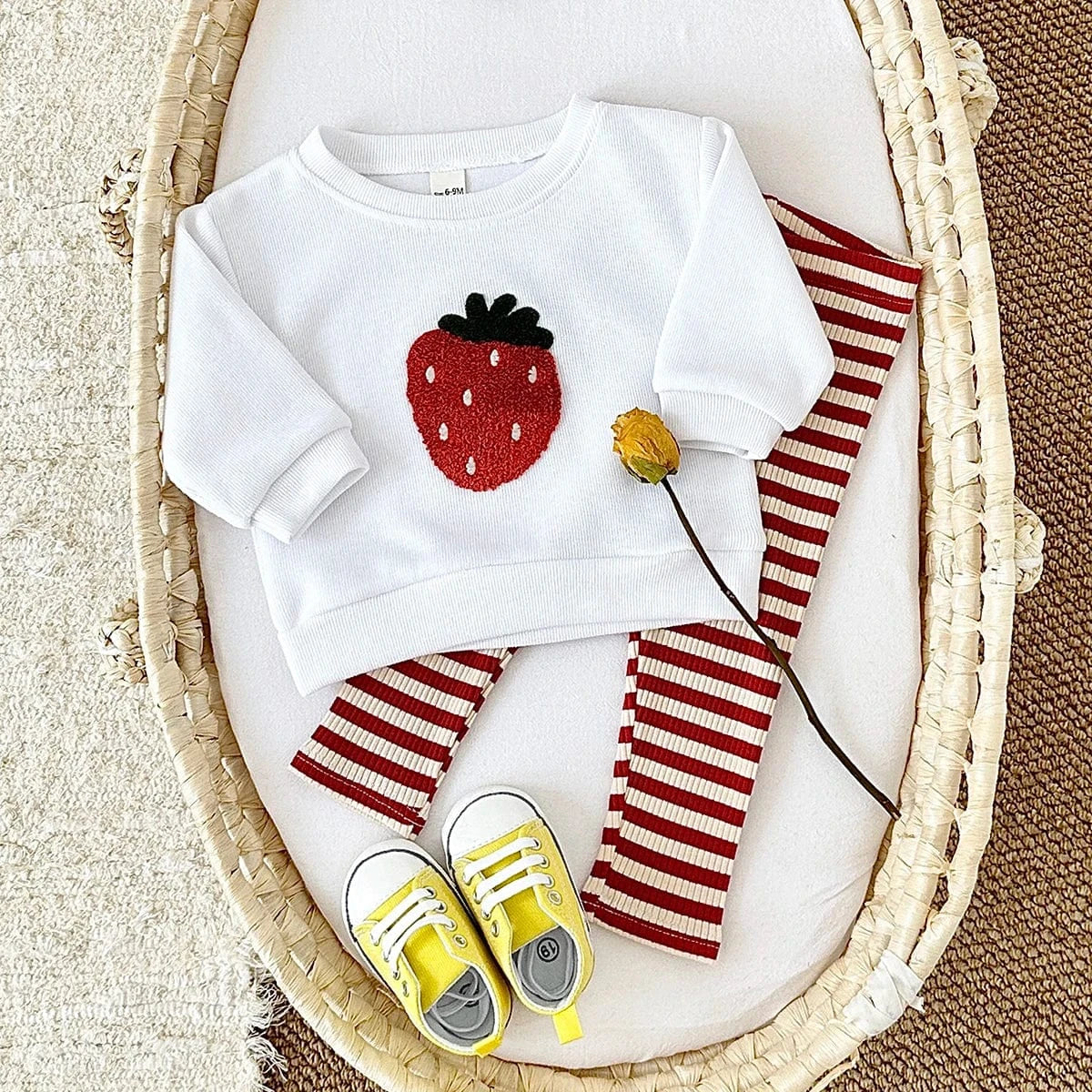 Fruit Embroidered Sweatshirt and Striped Pants Set - Image 2