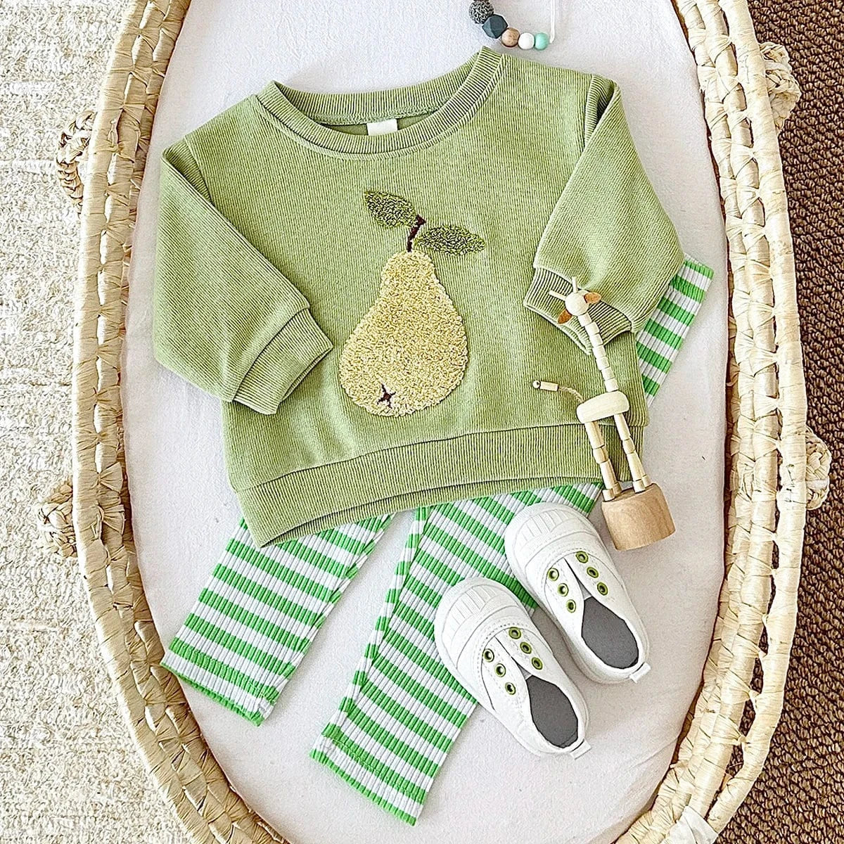 Fruit Embroidered Sweatshirt and Striped Pants Set - Image 3
