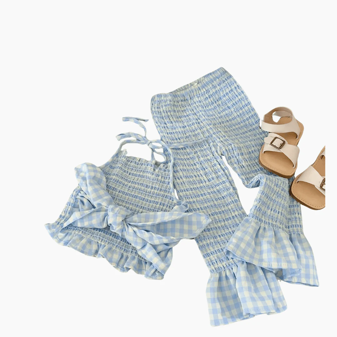 Gingham Ruffle Top and Elastic Waist Pants Set